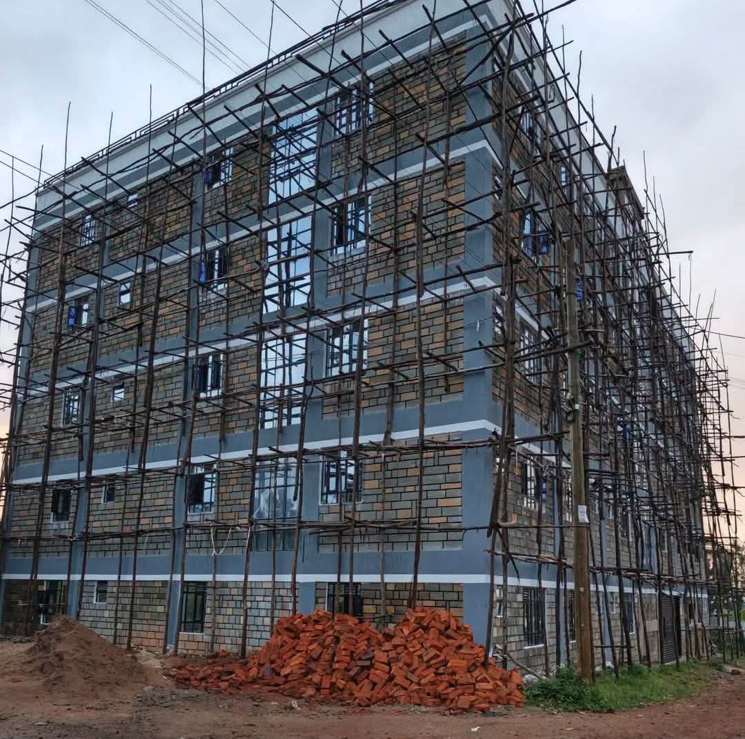Multi-storey building with exposed masonry and extensive scaffolding